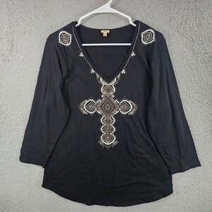 Reba Black Cotton Beaded Cross V-Neck Top Long Sleeve Large